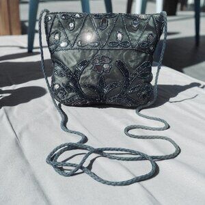 Vintage Steel Blue Beaded Sequin Evening Shoulder Bag Crossbody Purse Y2K
